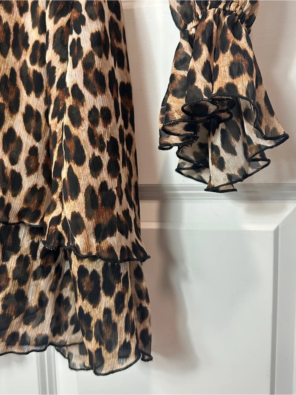 MNG Leopard Print Ruffled Long Sleeve Dress - Brown/Tan/Black - Picture 6 of 12